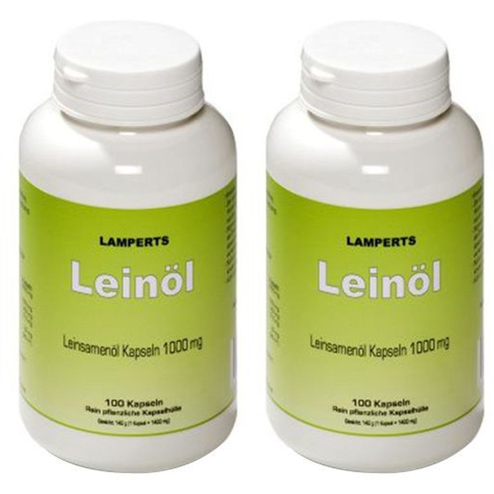 Deux flacons blancs avec étiquette verte. Inscription : Lamperts Leinöl, Leinsamenöl Kapseln 1000 mg. 100 gélules.