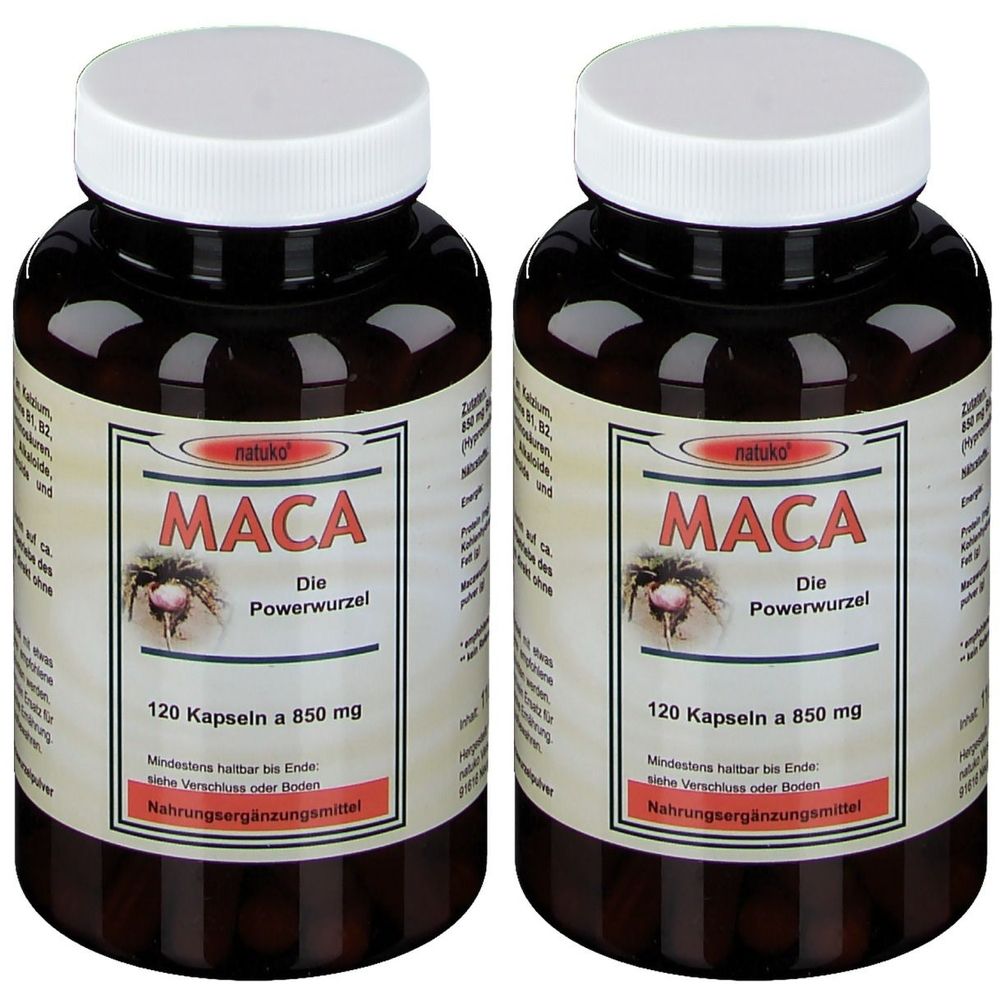 Deux flacons de gélules. L'étiquette indique "MACA Die Powerwurzel". 120 gélules de 850 mg. Complément alimentaire.