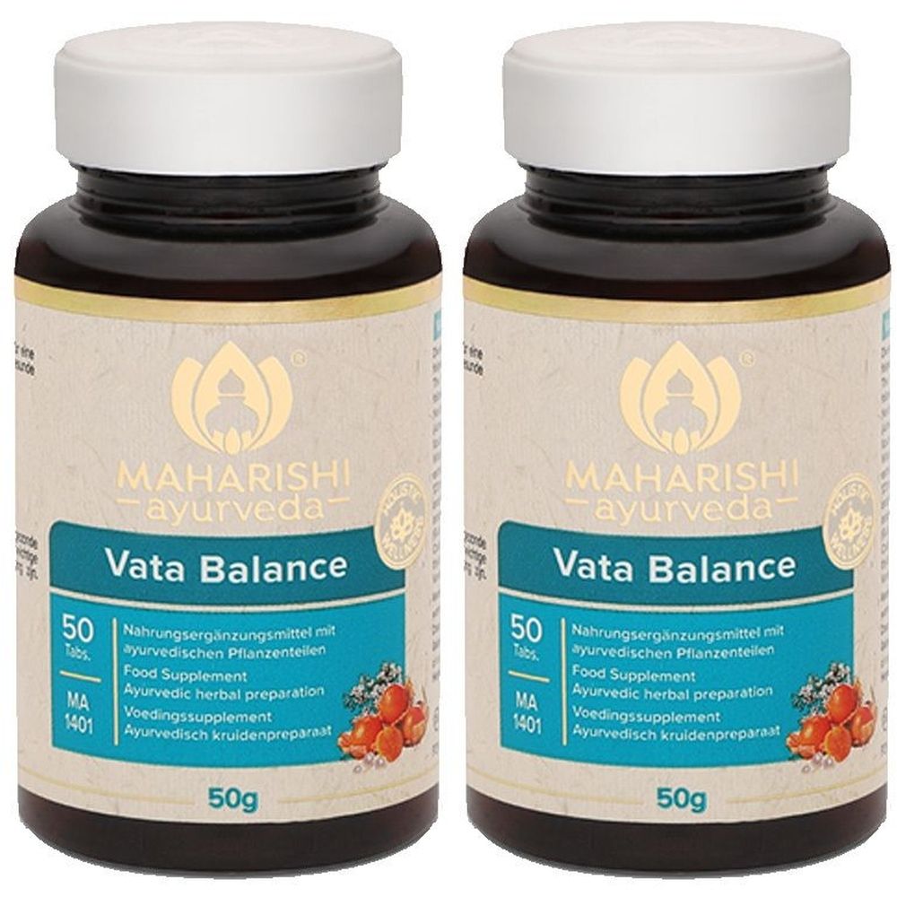 Zwei braune Flaschen mit weißen Deckeln. Aufschrift: Vata Balance, 50 Tabs, Nahrungsergänzungsmittel. Marke: Maharishi Ayurveda.