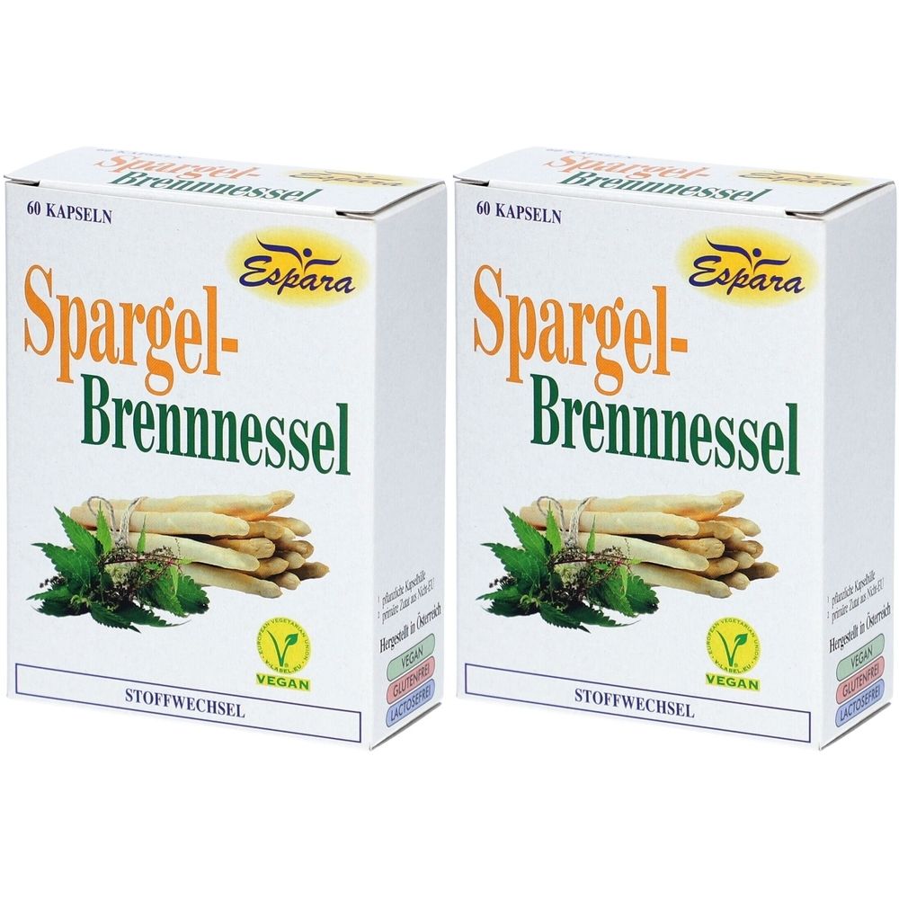 Deux boîtes blanches avec le nom du produit Spargel-Brennessel et le logo Espara. Label végétalien. Illustration d'asperges et d'orties.