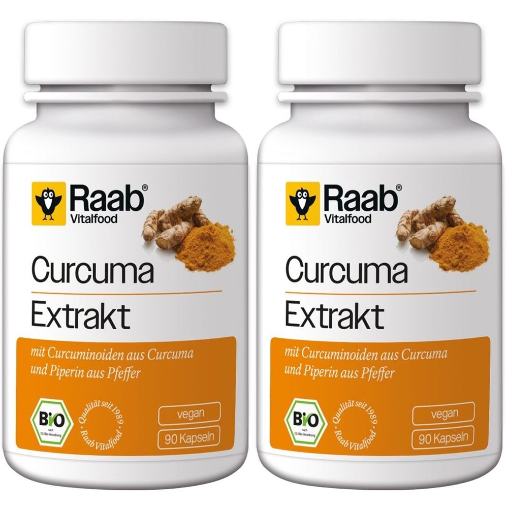 Deux flacons blancs avec étiquettes orange. Inscription : Curcuma Extrakt, label bio, vegan. Illustration de curcuma et poudre.