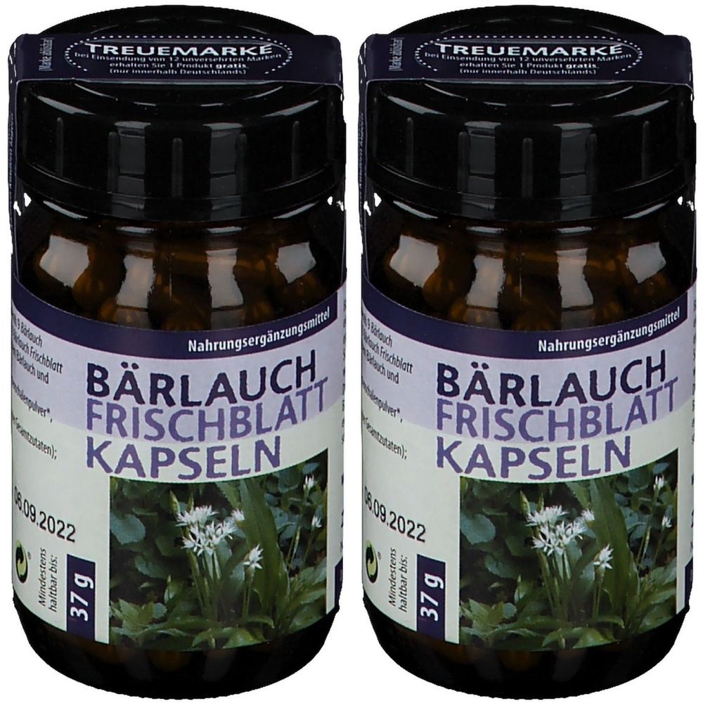 Deux flacons en verre brun avec des couvercles noirs. Les étiquettes indiquent "Bärlauch Frischblatt Kapseln". Informations complémentaires et date de péremption.