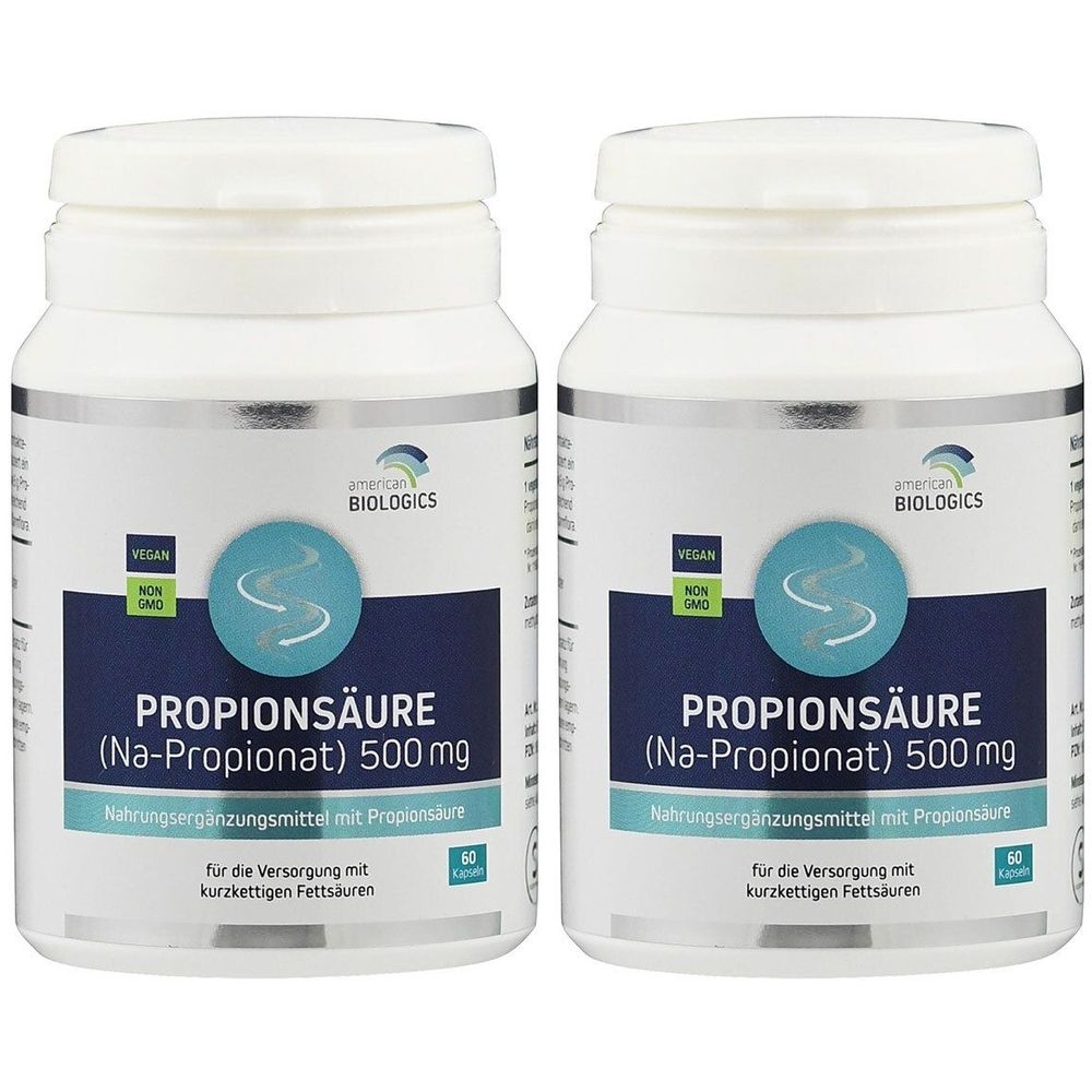 Zwei weiße Flaschen mit blauen Etiketten. Aufschrift: Propionsäure (Na-Propionat) 500 mg. Vegan und Non-GMO-Siegel.