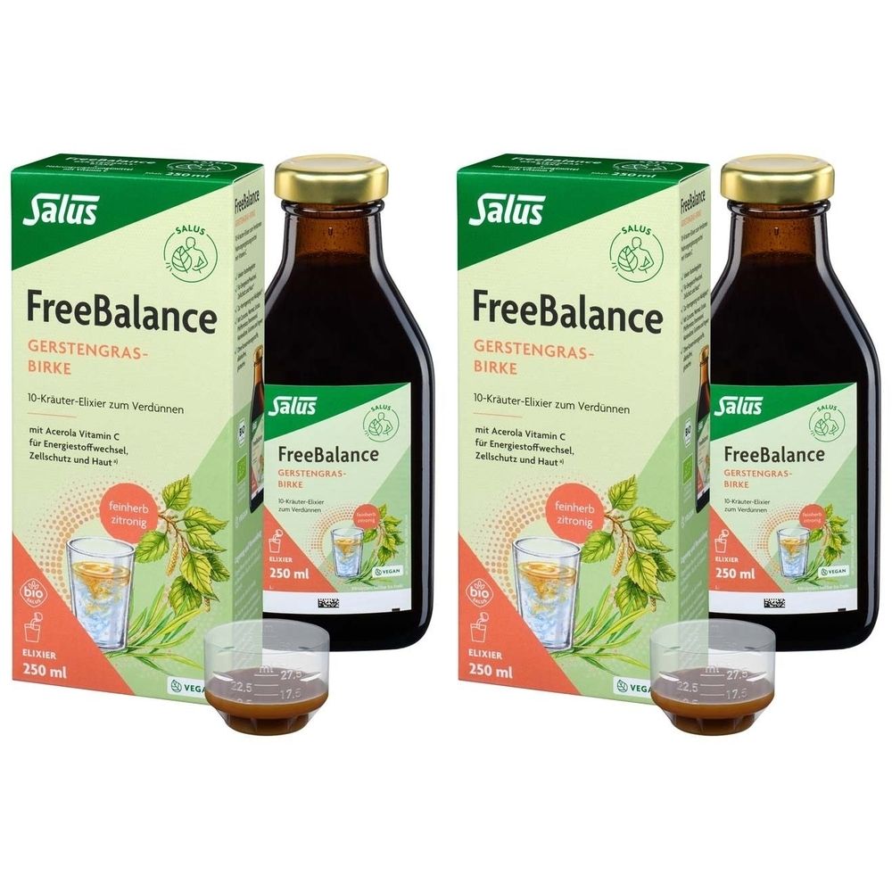 Deux bouteilles et deux boîtes de Salus FreeBalance. Sur les boîtes, on lit "Gerstengras-Birke". Deux verres avec du liquide.