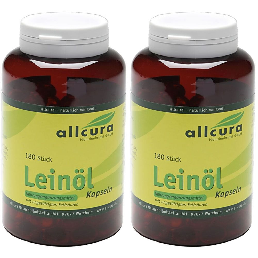 Deux flacons bruns avec des couvercles blancs. Les étiquettes indiquent "allcura Leinöl Kapseln" et "180 Stück".
