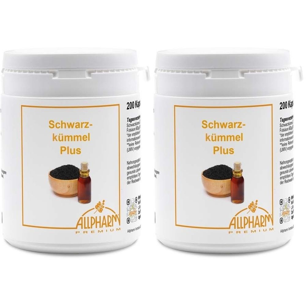 Deux contenants blancs avec étiquette. Inscription: Schwarzkümmel Plus. Logo: Allpharm Premium. Illustration: graines et flacon.