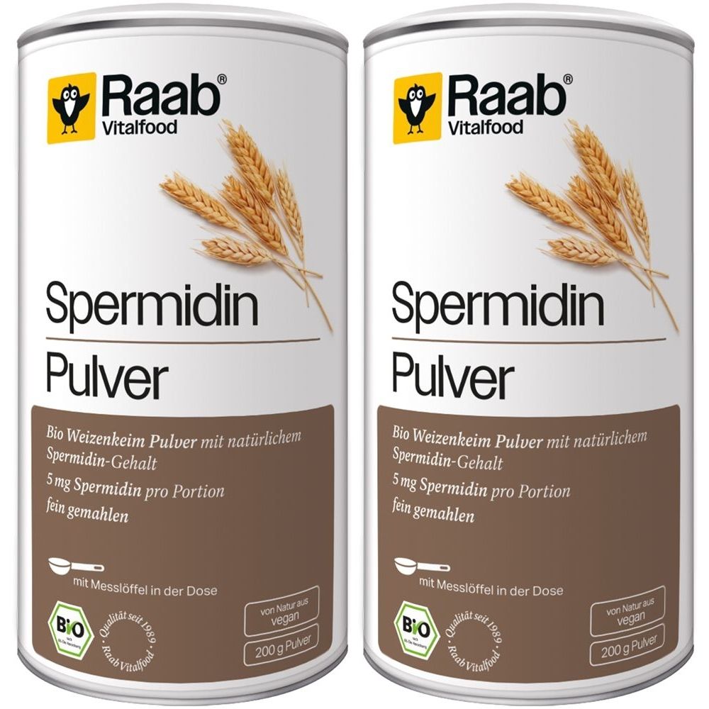 Deux boîtes de Raab Vitalfood Bio Spermidin Pulver. Boîtes blanches avec étiquette marron, nom du produit et logo.