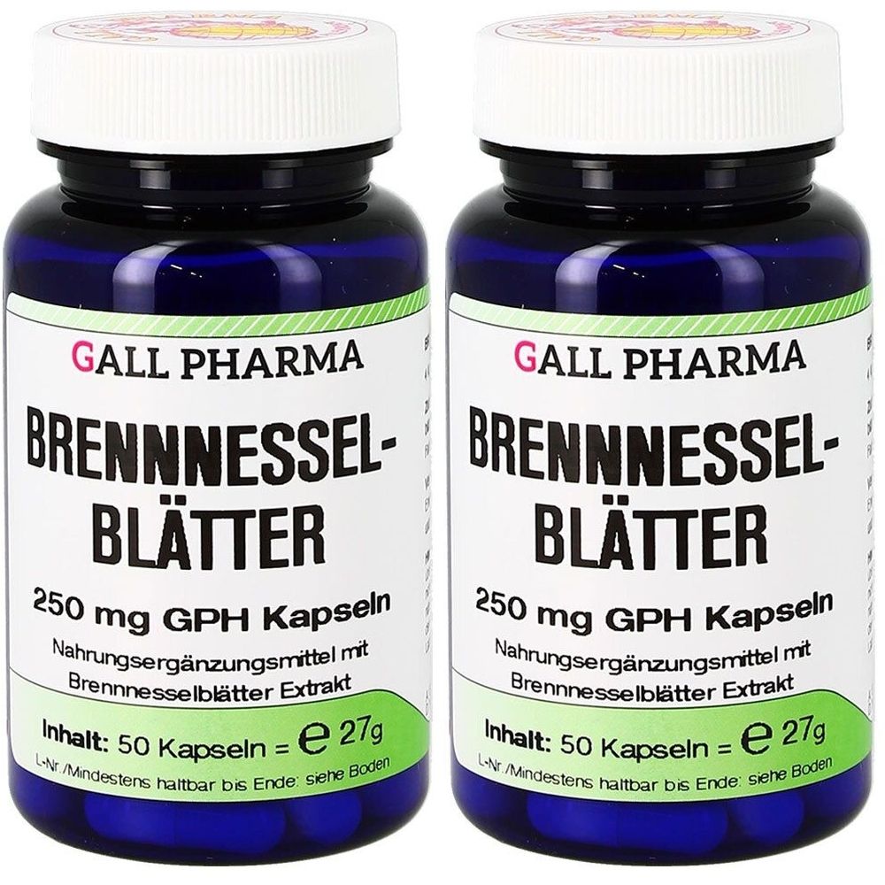 Deux flacons bleus avec des couvercles blancs. Les étiquettes indiquent "GALL PHARMA Brennessel-Blätter 250 mg GPH Kapseln".