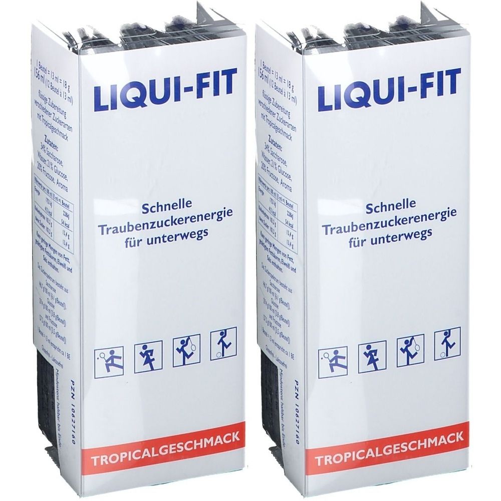 Deux boîtes blanches avec LIQUI-FIT. Texte: Énergie rapide au glucose pour les déplacements. En bas: TROPICALGESCHMACK. Impression avec pictogrammes.