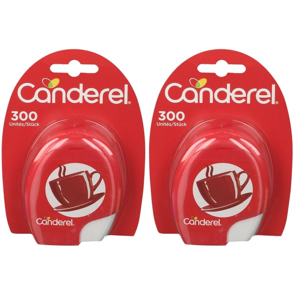Deux boîtes de Canderel édulcorant. Emballage rouge avec logo blanc et tasse. Contient 300 unités.