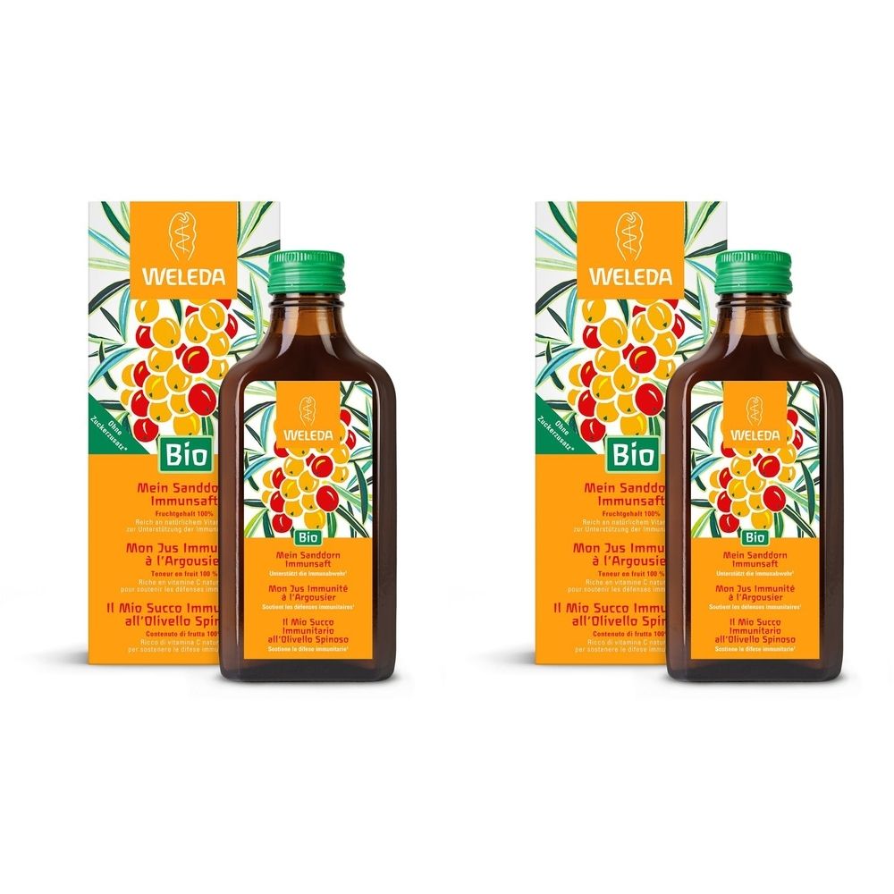 Zwei Flaschen und Verpackungen. Braune Glasflaschen mit grünem Deckel. Aufdruck: Weleda, Bio. Verpackung: Orange, Illustrationen.