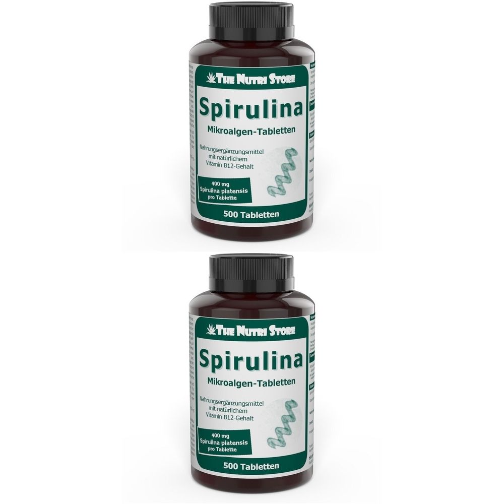 Deux flacons bruns avec des bouchons noirs. L'étiquette indique "Spirulina Mikroalgen-Tabletten".