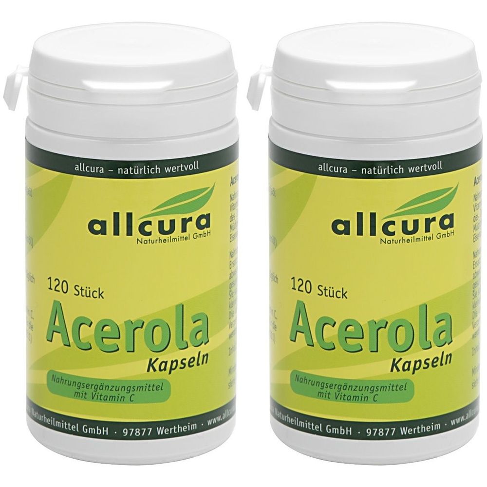 Zwei weiße Kunststoffdosen mit Schraubverschluss. Aufschrift: allcura Acerola Kapseln, 120 Stück. Nahrungsergänzungsmittel mit Vitamin C.