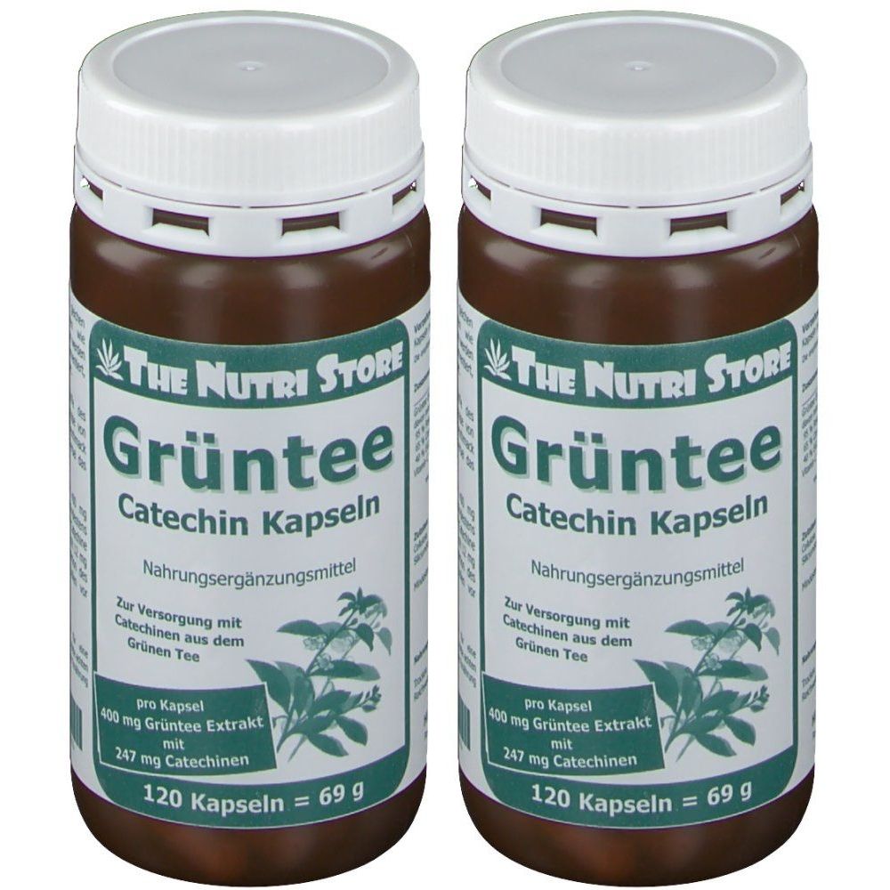 Deux flacons bruns avec des couvercles blancs. Étiquettes : "Grüntee Catechin Kapseln". Contient 120 gélules.