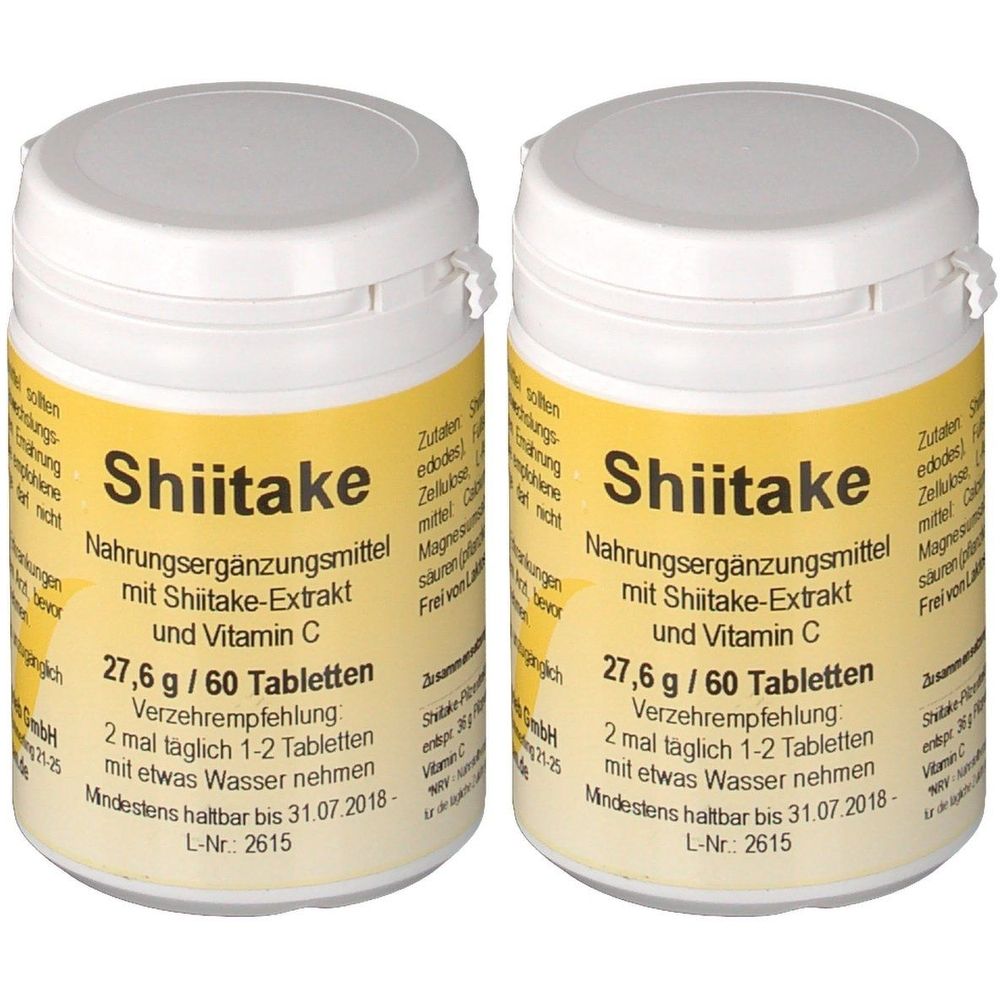 Deux boîtes blanches avec étiquettes jaunes. Inscription : Shiitake, complément alimentaire avec extrait de shiitake et vitamine C. 27,6 g / 60 comprimés.