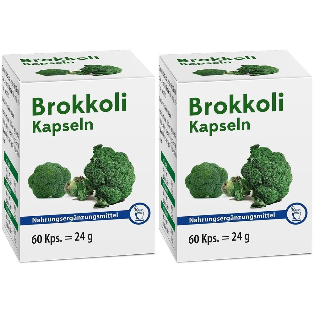 Deux boîtes blanches avec « Brokkoli Kapseln », illustrations de brocolis et texte. Inscription : Complément alimentaire, 60 gélules = 24 g.