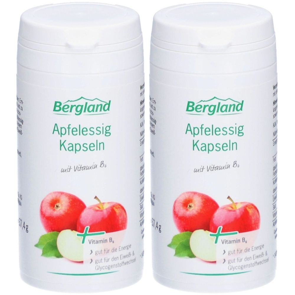 Deux flacons blancs avec le nom du produit « Bergland Apfelessig Kapseln ». Une pomme est représentée sur chaque flacon. Avec de la vitamine B6.
