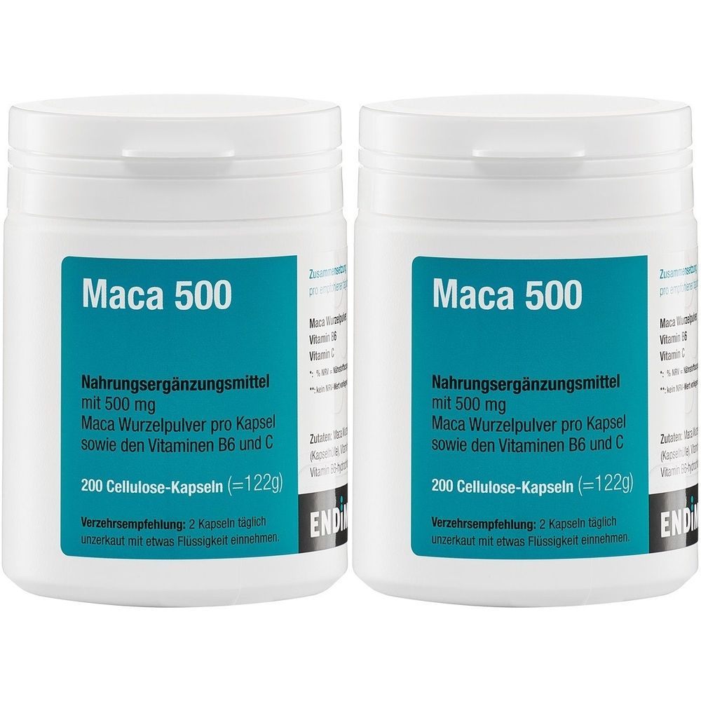 Deux boîtes blanches avec étiquette bleue. Inscription : Maca 500, complément alimentaire. Contient 200 gélules de cellulose. Marque : ENDI.