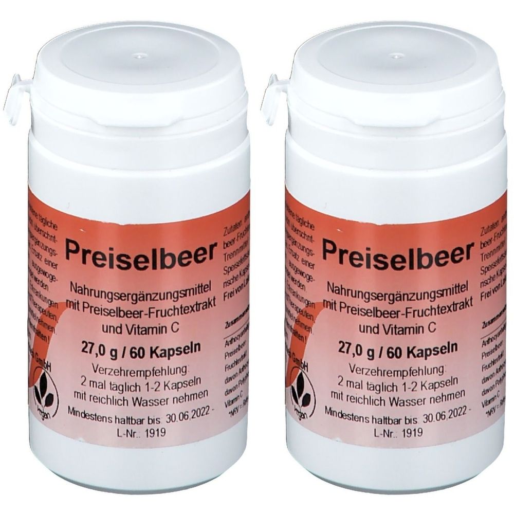 Zwei weiße Kunststoffdosen mit Deckel. Aufschrift: Preiselbeer, Nahrungsergänzungsmittel mit Preiselbeer-Fruchtextrakt und Vitamin C. Inhalt: 60 Kapseln.