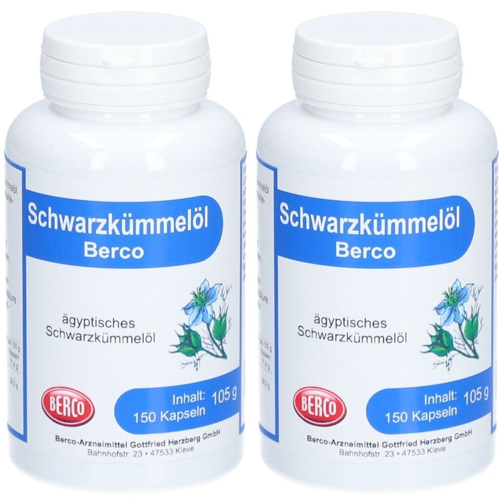 Deux flacons blancs avec étiquette bleue. Inscription: Schwarzkümmelöl Berco, ägyptisches Schwarzkümmelöl. Logo: Berco. Contenu: 105g, 150 capsules.