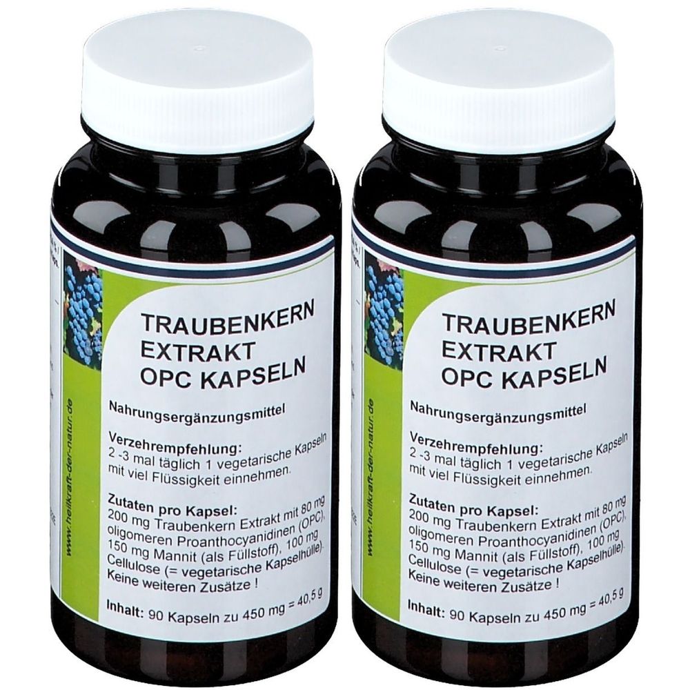 Zwei Flaschen mit Traubenkern OPC Kapseln. Schwarze Flaschen mit weißem Deckel und Etikett mit Produktinformationen.