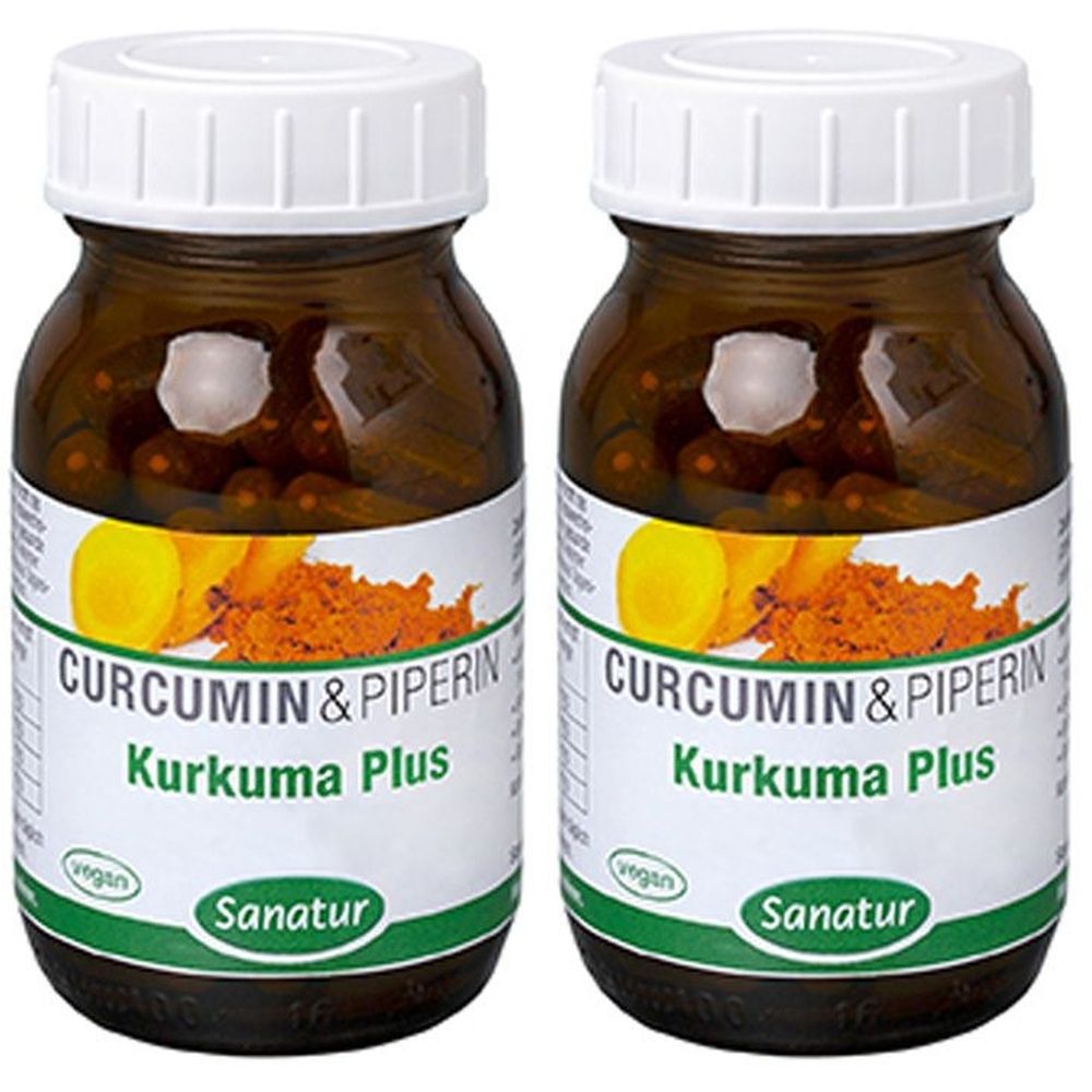 Zwei braune Glasflaschen mit weißen Deckeln. Auf den Etiketten steht "CURCUMIN & PIPERIN Kurkuma Plus" und "Sanatur". Vegan-Siegel.