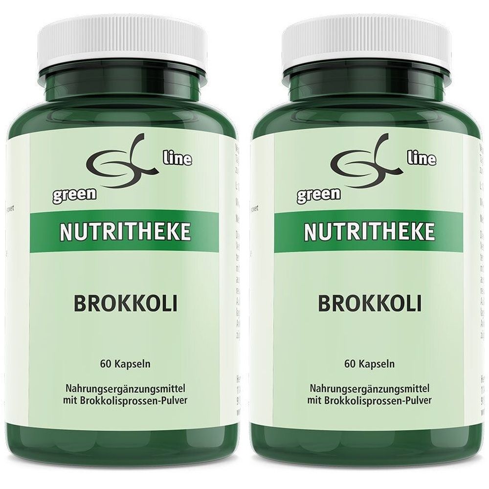 Deux flacons verts avec couvercles blancs. Inscription : green line NUTRITHEKE Brokkoli, 60 gélules. Complément alimentaire avec poudre de brocoli.
