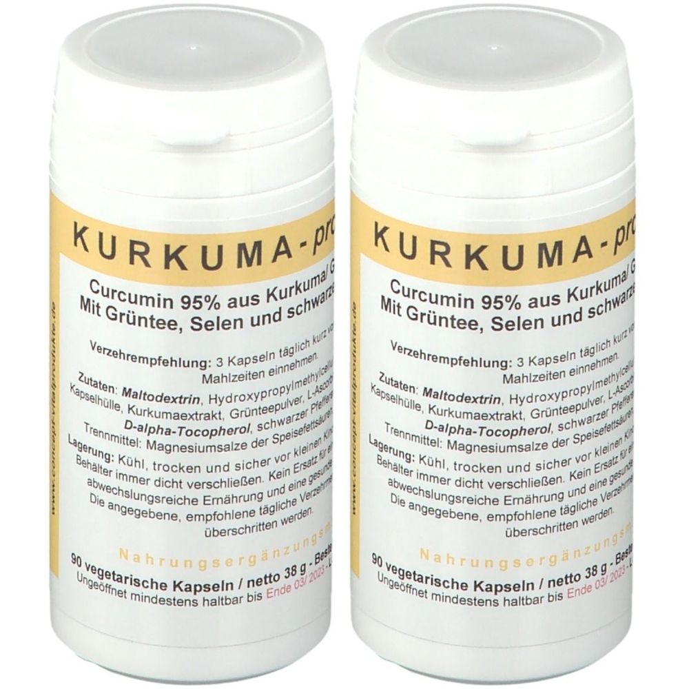 Deux flacons blancs avec étiquettes jaunes. Inscription : Kurkuma-protect, Curcumine 95%, complément alimentaire.