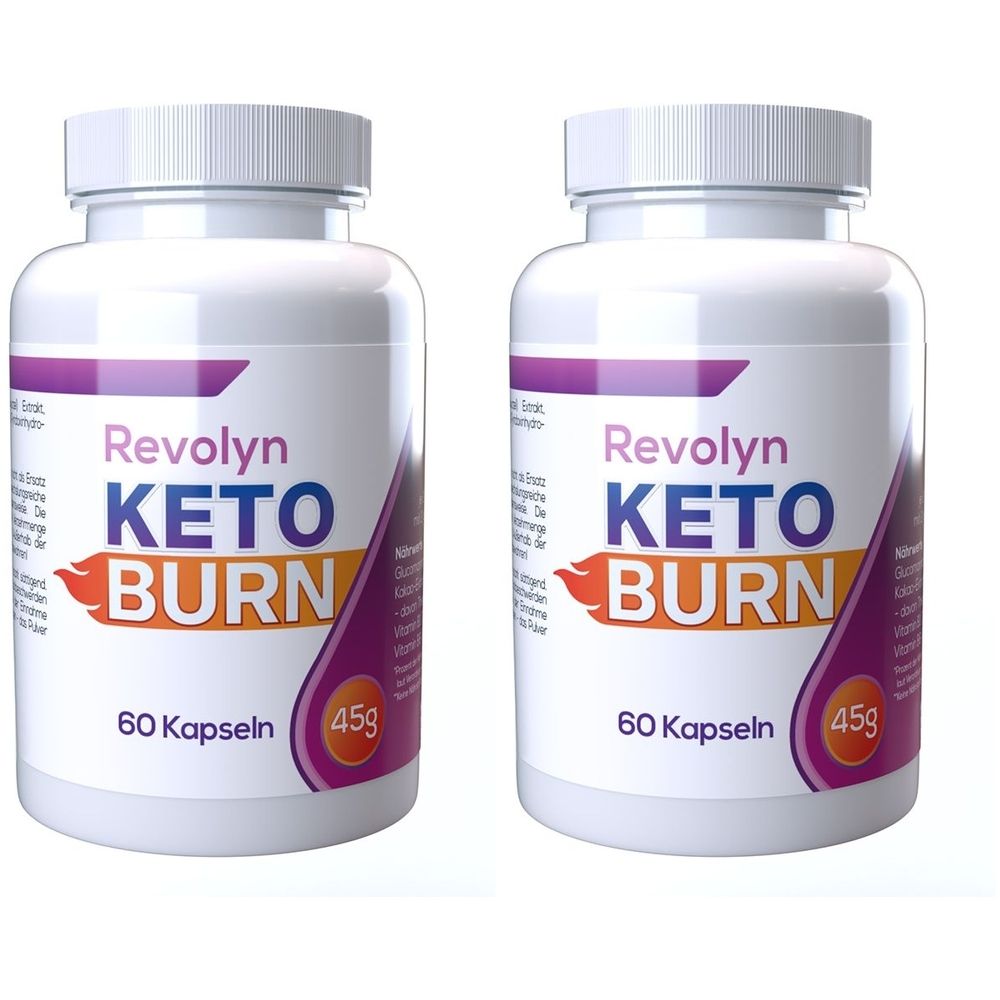 Deux flacons blancs avec couvercles. Inscription: Revolyn Keto Burn, 60 capsules, 45g. Éléments de design violets et oranges.