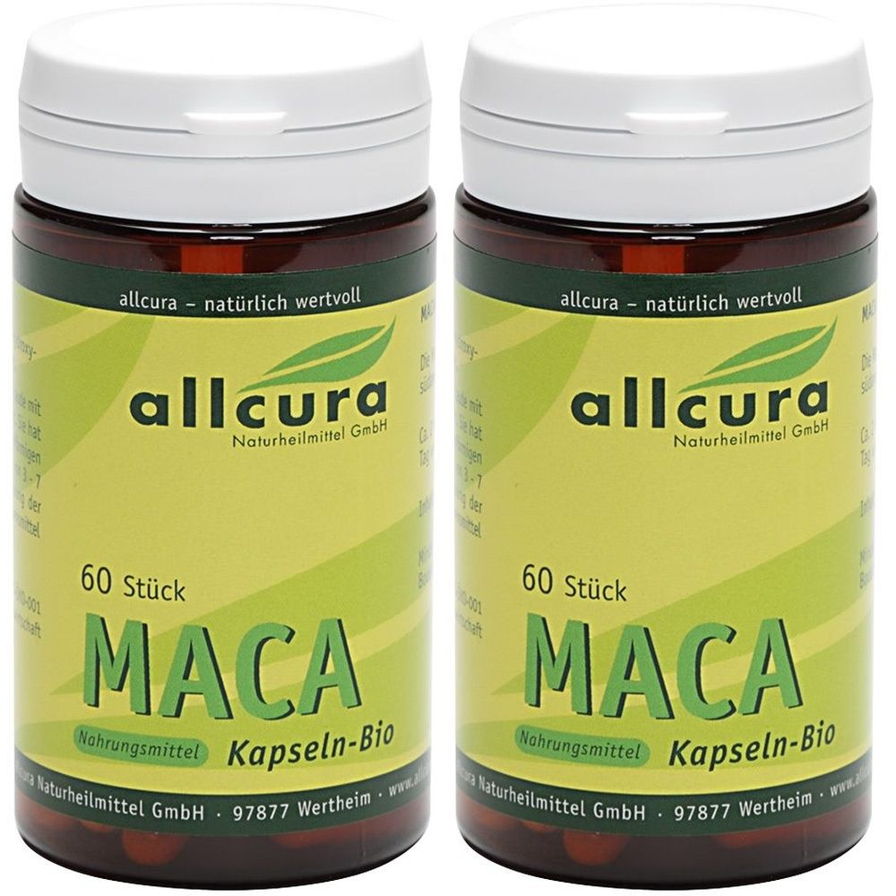 Deux flacons de gélules de maca allcura. Récipients bruns avec couvercles blancs. Inscription : MACA, 60 pièces, Kapseln-Bio.