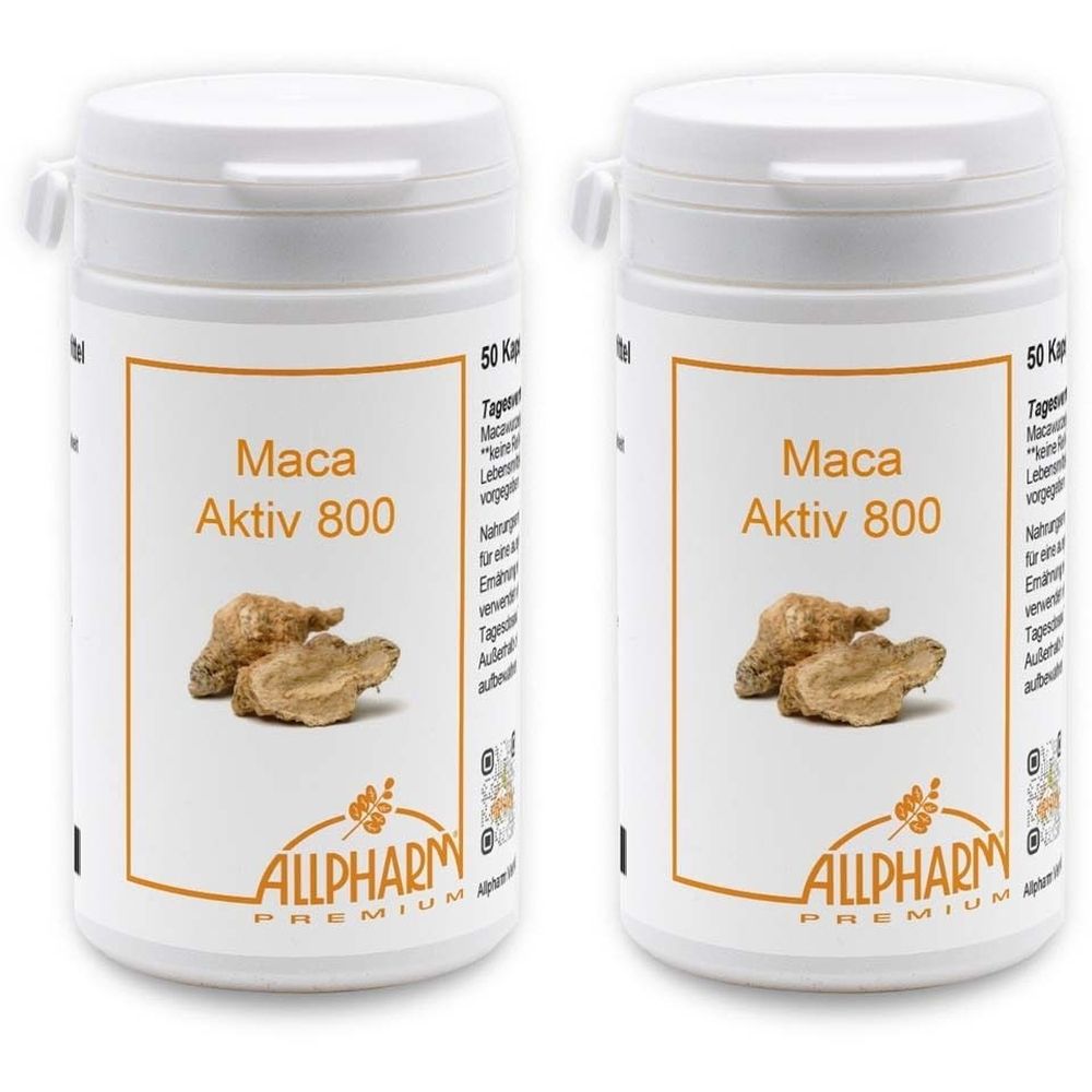 Deux flacons blancs avec étiquette. Inscription: Maca Aktiv 800. En dessous, illustration de racines de maca. Logo: ALLPHARM.