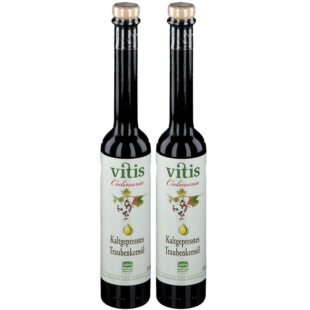 Deux bouteilles d'huile. Les étiquettes indiquent "vitis Culinaria" et "Kaltgepresstes Traubenkernöl".