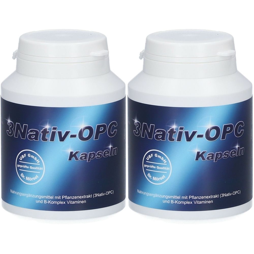 Deux flacons blancs avec étiquette bleue. Inscription: 3Nativ-OPC Kapseln. Logo UBF GmbH. Complément alimentaire avec extrait de plantes et vitamines B.