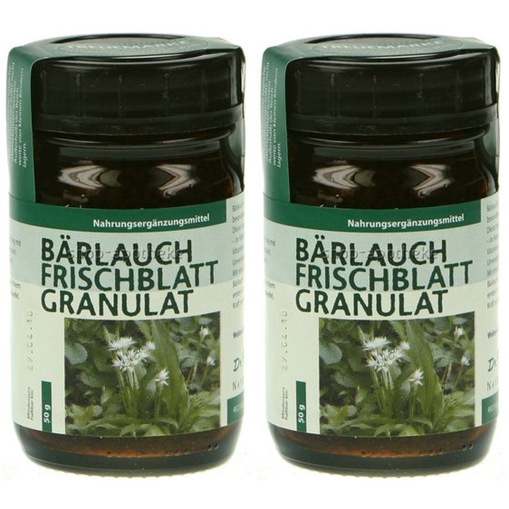 Zwei braune Glasflaschen mit schwarzem Deckel. Aufschrift: Bärlauch Frischblatt Granulat. Etikett mit Pflanzenabbildung.
