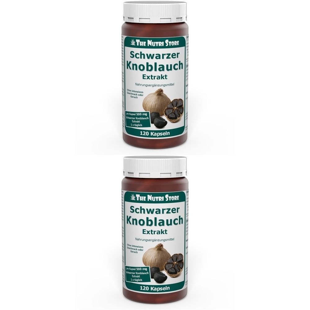 Deux flacons bruns à bouchon blanc. Inscription : Schwarzer Knoblauch Extrakt. Illustration d'ail. 120 gélules.