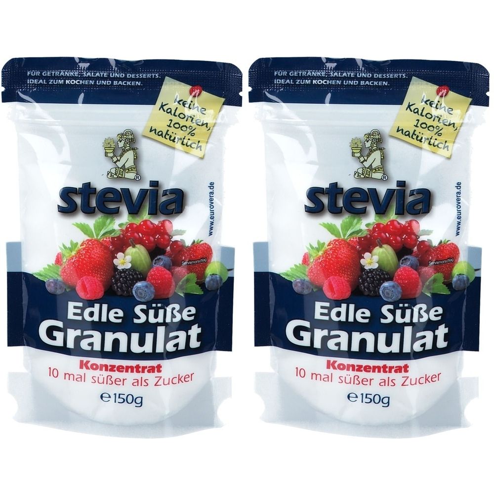 Deux sachets de Stevia Edle Süße Granulat. Inscription: 10 fois plus sucré que le sucre, 100% naturel, sans calories. Illustration de fruits.