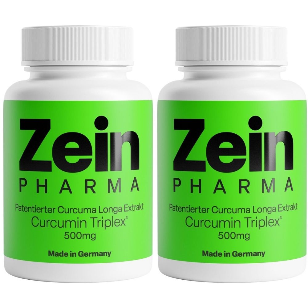 Zwei Flaschen ZeinPharma Curcumin Triplex 500mg, mit Aufschrift "Made in Germany".