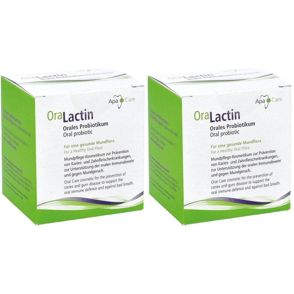 Deux boîtes d'OraLactin® Orales Probiotikum. Boîtes blanches avec des accents verts et des informations sur le produit. Logo Apa Care.