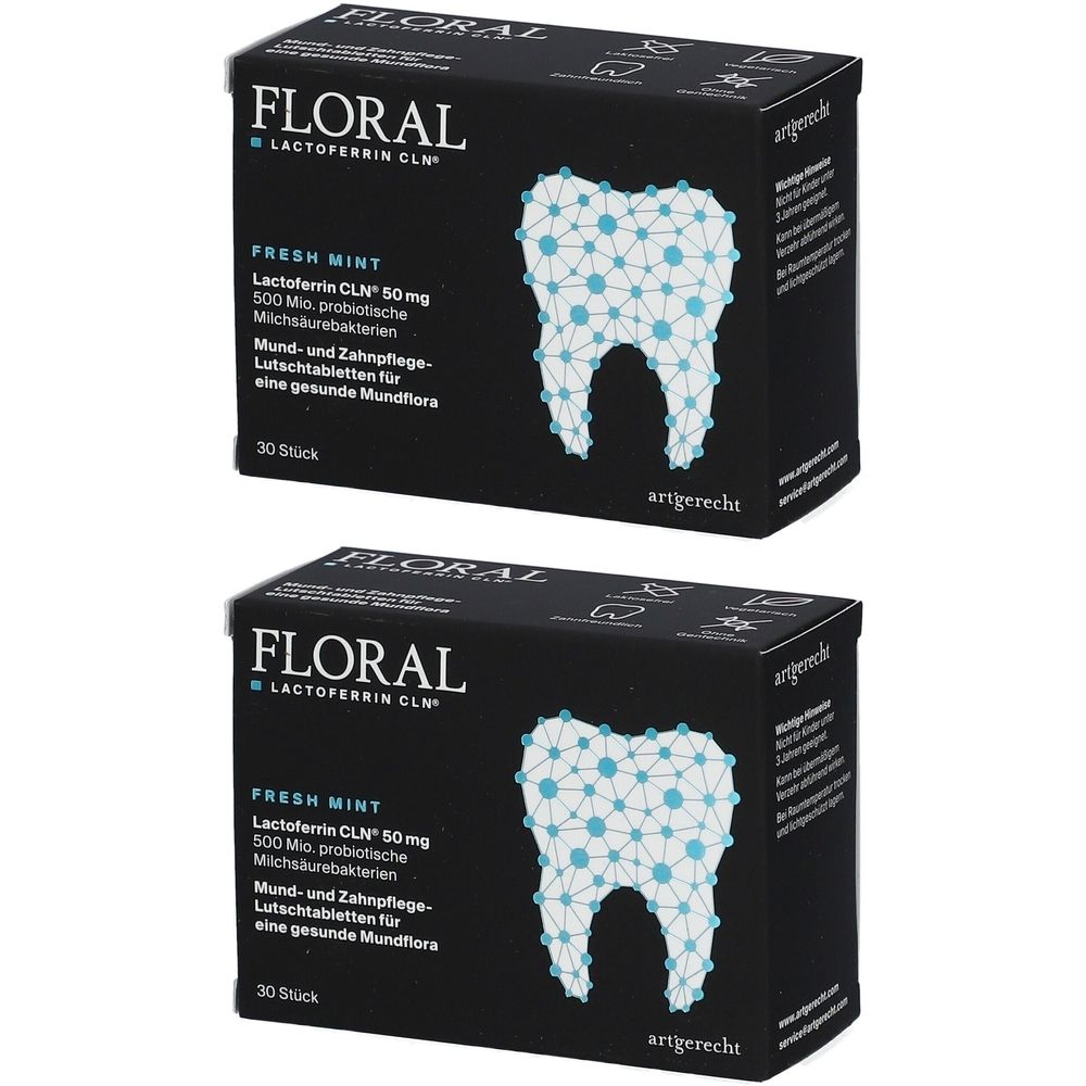 Deux boîtes noires FLORAL Lactoferrin CLN. Inscription: FRESH MINT, comprimés à sucer pour une flore buccale saine. Image d'une dent.