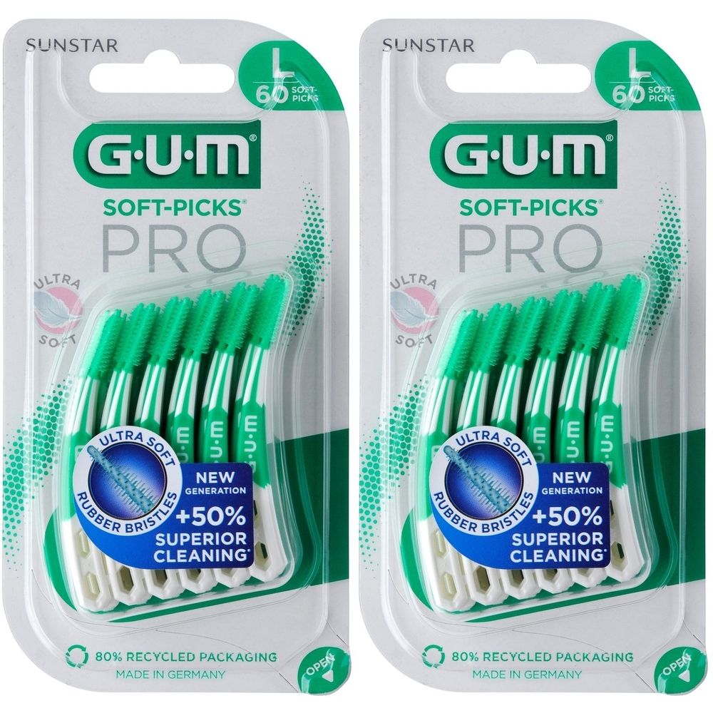 Deux paquets de GUM Soft-Picks Pro Large. Chaque paquet contient 60 brossettes interdentaires. Soies vertes, manches blancs, emballage transparent.