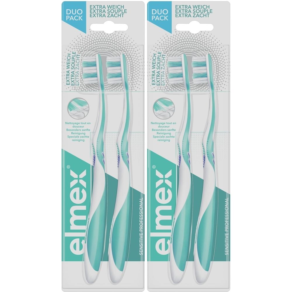 Deux brosses à dents en emballage Duo. Manches blancs et turquoise, soies extra souples. Marque: elmex SENSITIVE PROFESSIONAL.