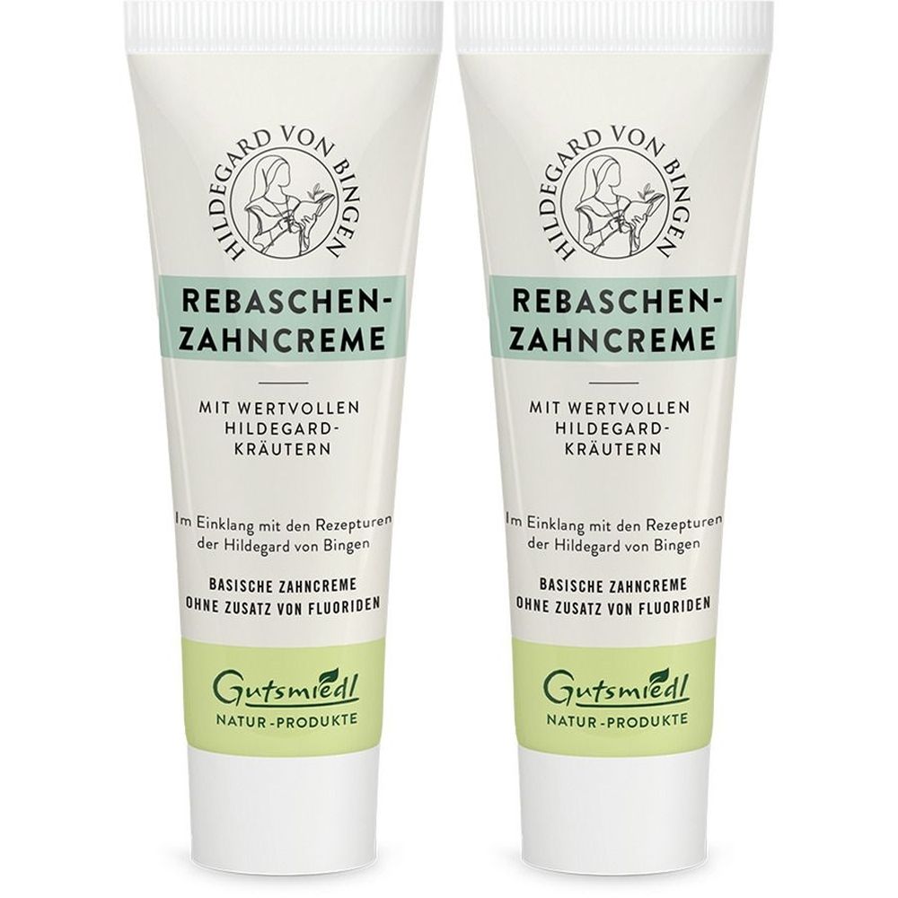 Deux tubes de dentifrice Rebaschen. Inscription: Hildegard von Bingen, herbes. Sans fluor. Marque: Gutsmiedl.