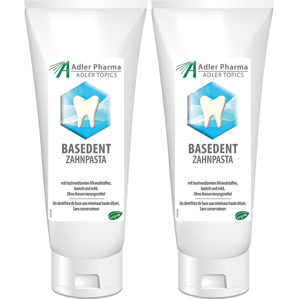 Deux tubes de dentifrice blancs. Logo vert et texte: BASEDENT ZAHNPASTA. Marque Adler Pharma. Sans conservateurs.