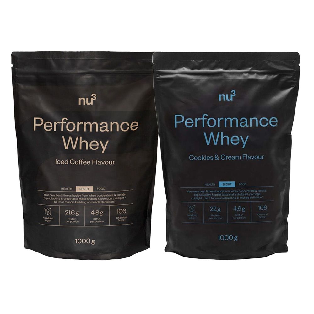Zwei Beutel nu3 Performance Whey. Links: Iced Coffee, rechts: Cookies & Cream. Beide mit Nährwertangaben und 1000g Inhalt.