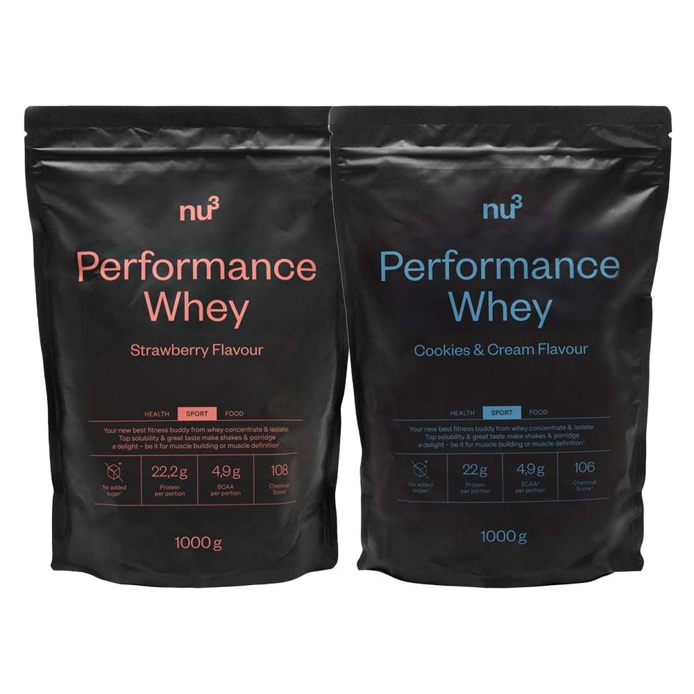 Deux sachets de nu3 Performance Whey. Saveurs fraise et cookies & crème. Emballage noir avec nom du produit et informations nutritionnelles.