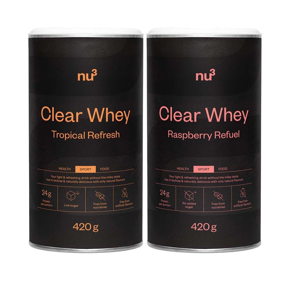 Deux boîtes de nu3 Clear Whey. À gauche : Tropical Refresh, à droite : Raspberry Refuel. Logo, nom du produit et informations nutritionnelles.