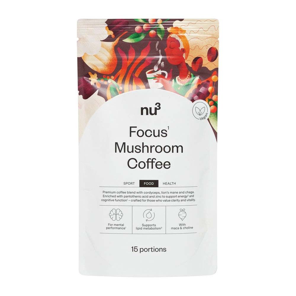 Beutel mit nu3 Focus Mushroom Coffee. Aufschrift: Focus Mushroom Coffee, 15 Portionen. Vegan-Siegel.
