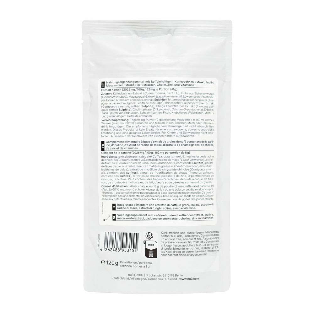 Rückseite des Beutels mit nu3 Focus Mushroom Coffee. Zutatenliste, Nährwertangaben und Herstellerinformationen.