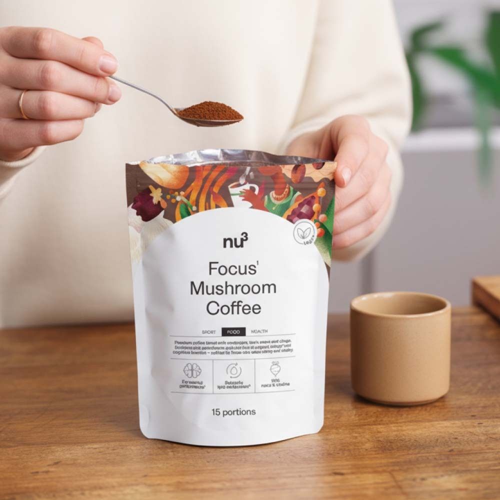 Person hält Löffel mit Pulver über eine Tasse. Beutel nu3 Focus Mushroom Coffee daneben.