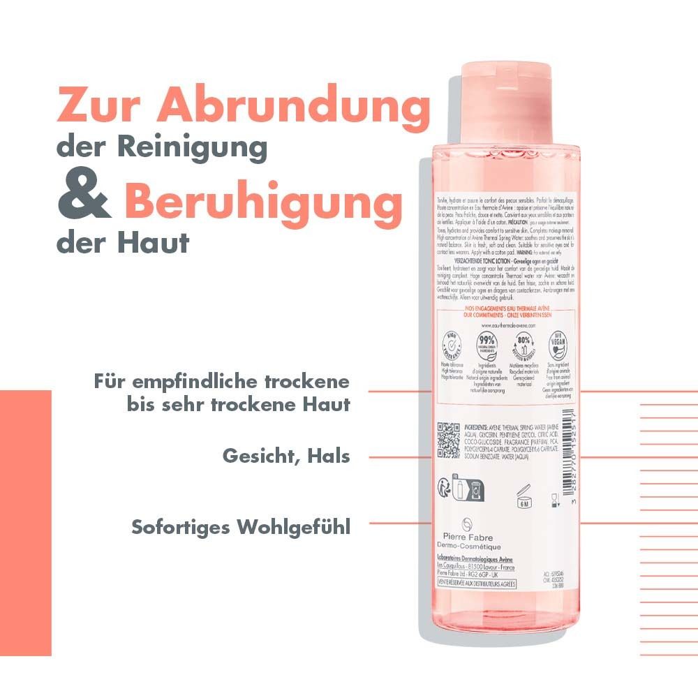 Dos du flacon de lotion tonique. Texte: Pour peaux sèches à très sèches sensibles. Visage, cou. Illustrations et labels qualité.